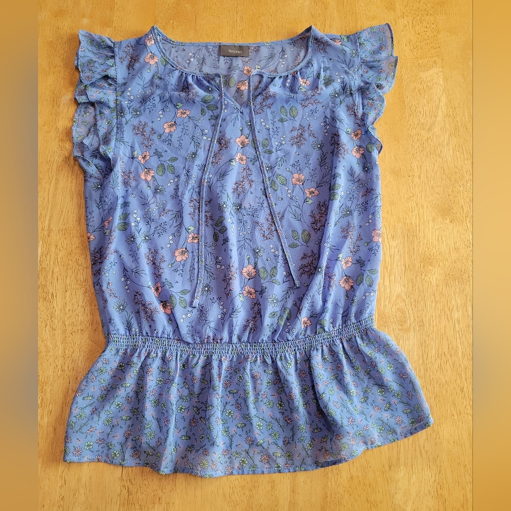 EUC Yessica blue floral flutter sleeve blouse top shirt
